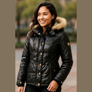 Black Puffer RocaWear Roc Out Black Faux Fur Hooded Winter Coat Y2K Vintage